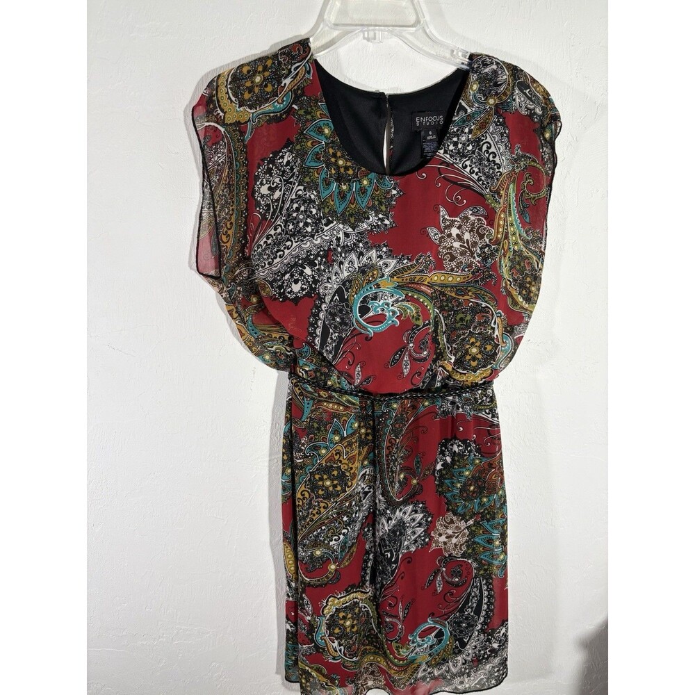 Focus Women’s Burgundy Paisley Design Sz 8 Dress Belted Sleeveless Key Hole Back